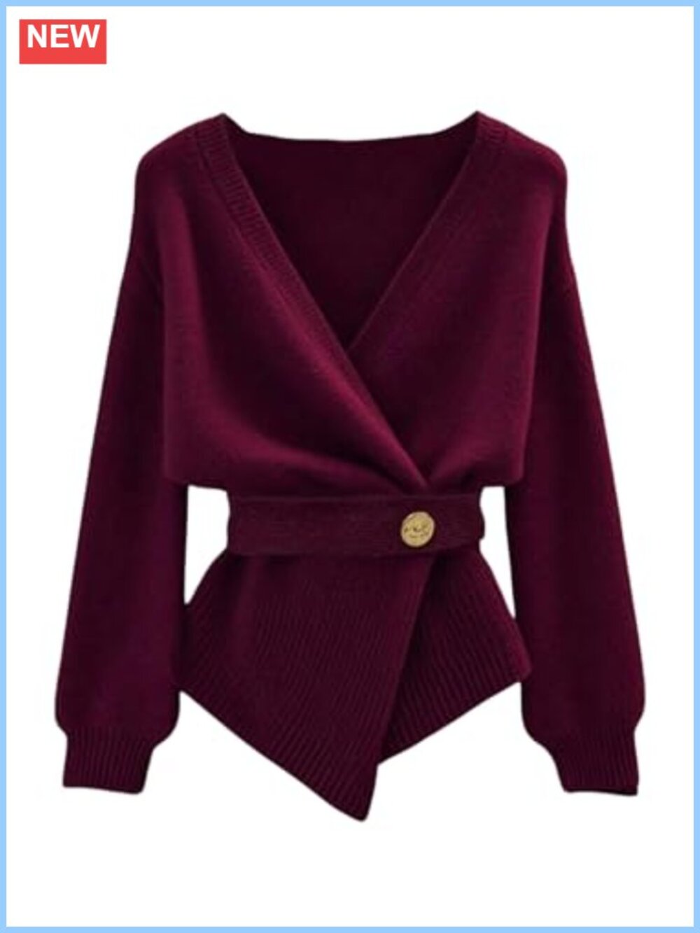 Wrap Sweater Cardigan Long Sleeve Belted Asymmetrical Hem Gold-Tone Button